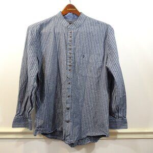 Celtic Ranchwear Shirt Large Long Sleeve Mandarin Collar Blue White Striped